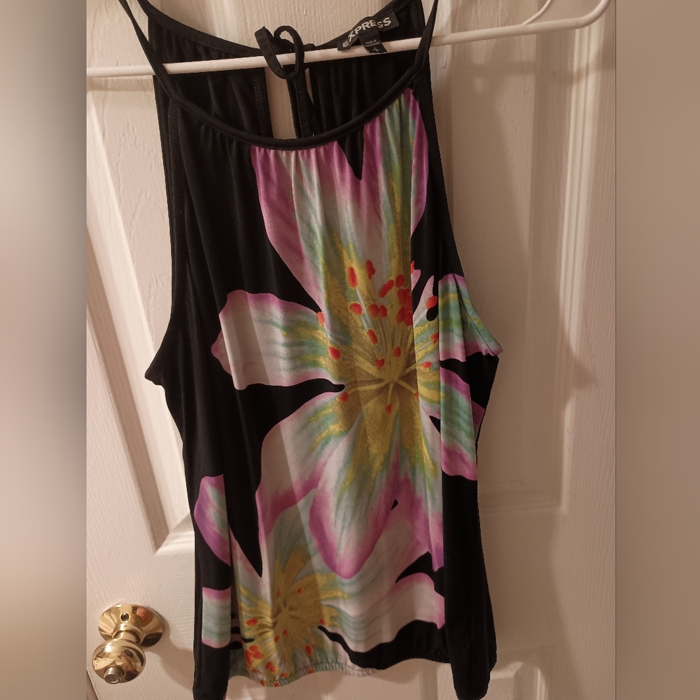 Express Black Tank Top with Pink Floral Design